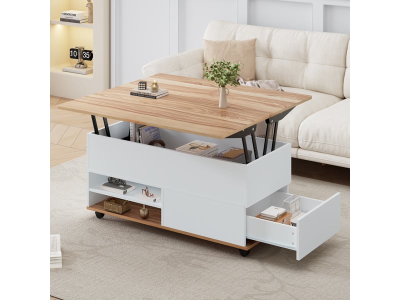  Table basse relevable blanche et bois 100x98 cm, table de salon avec rangement caché et roulettes  - Conforama C