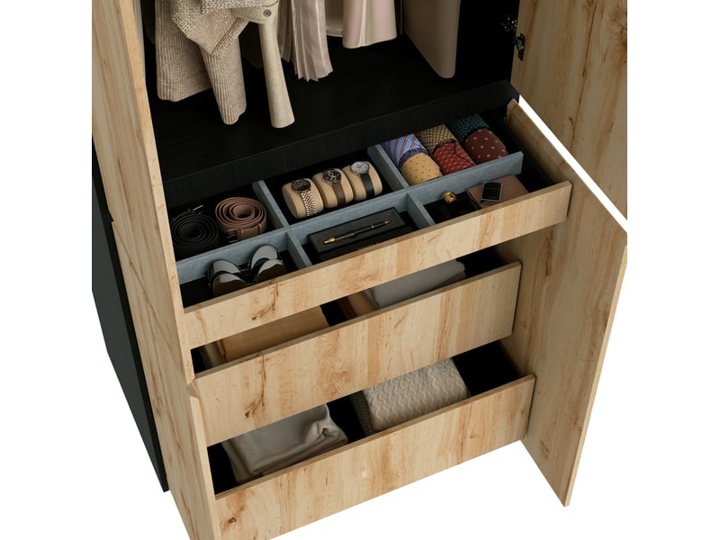 Armoire 6 portes 180 x 50 x 200 cm en mdf et panneau de particules, bois clair et blanc, 2 tringles, 5 tiroirs - Conforama D