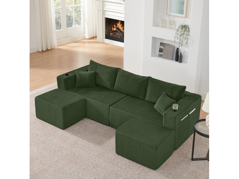 Canapé d'angle modulable 3 places en velours côtelé vert avec ottomans mobiles, porte-gobelets et rangements  - Conforama B