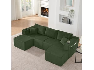 Canapé d'angle modulable 3 places en velours côtelé vert avec ottomans mobiles, porte-gobelets et rangements