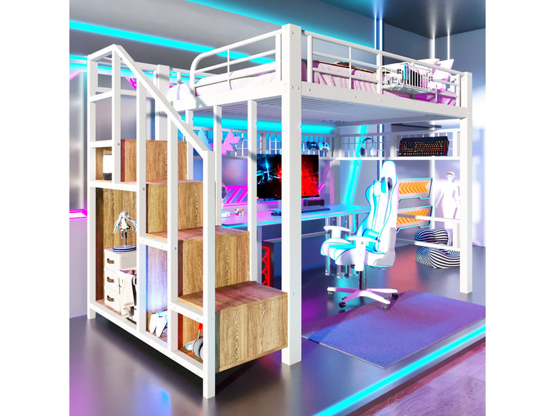Lit mezzanine 140x200 cm avec tiroirs et rangements intégrés, lit surélevé en métal avec led et échelle ou escalier, blanc OPULERANE TRADING LTD - Conforama B