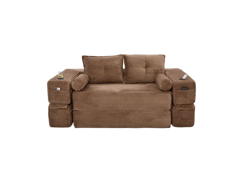  Canapé convertible 2 places 180x98x80 cm avec poches et porte-gobelet, pour salon, contemporain, tissu côtelé, marron  - Conforama A