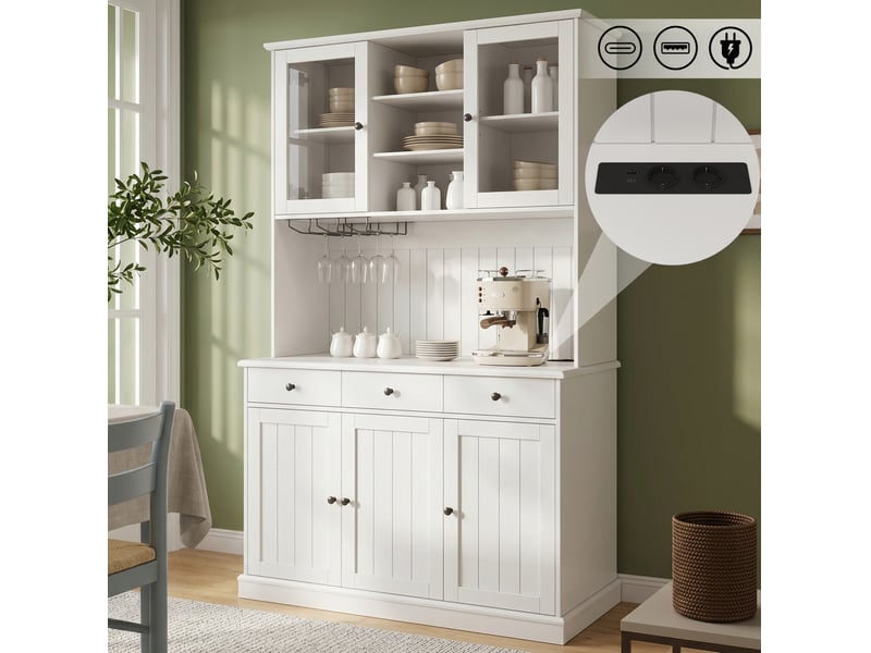 Buffet haut modenvie 120 x 40 x 191 cm avec portes vitrées, porte-verres, prises électriques et ports usb, blanc - Conforama E