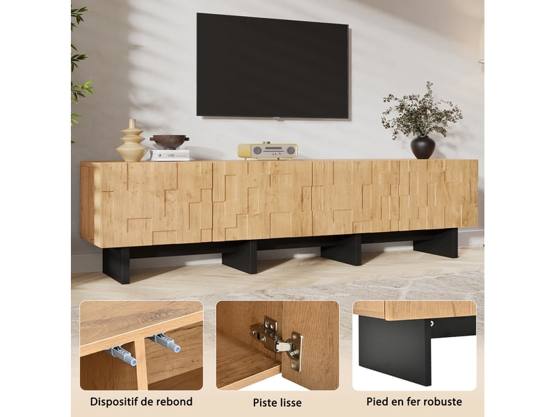  Meuble tv 180x38.5x45 cm avec 4 portes coloris bois naturel  - Conforama E