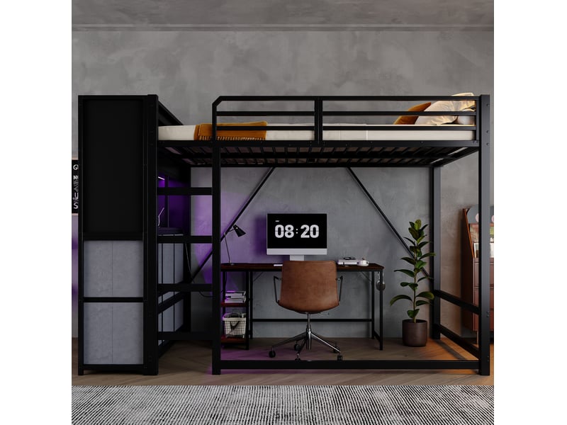 Lit mezzanine 120x200 cm avec rangements, éclairage et station de charge noir et gris - Conforama D