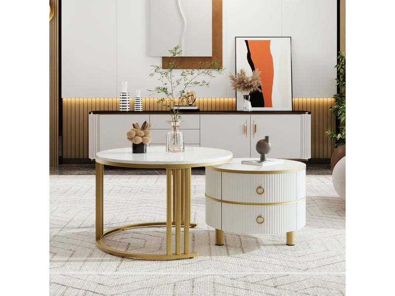  Table basse salon ronde -sogeu- aspect marbre - table basse rangement avec 2 tiroirs, pour petits espaces, 70x70x46 + 50x50x40 cm  - Conforama B