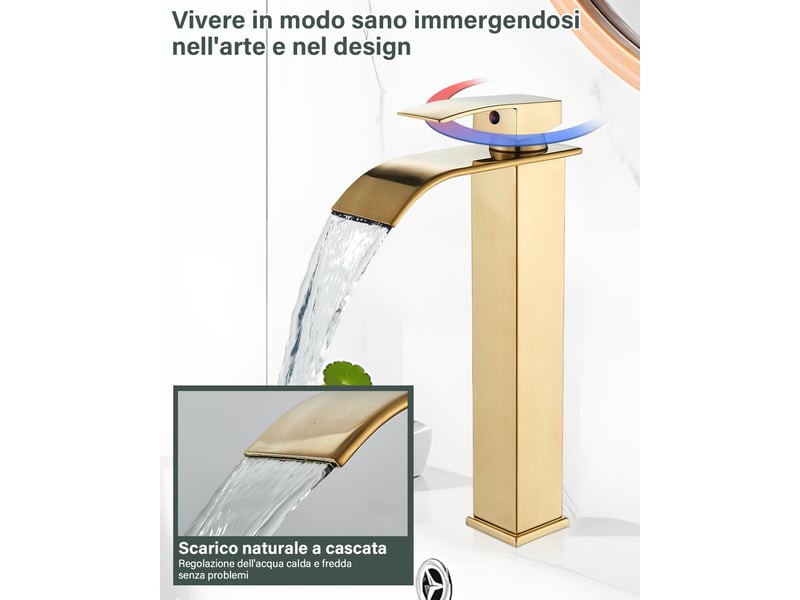  Robinet de salle de bain à cascade,robinet mitigeur de salle de bain à cascade à trous, cartouche céramique, finition dorée  - Conforama C