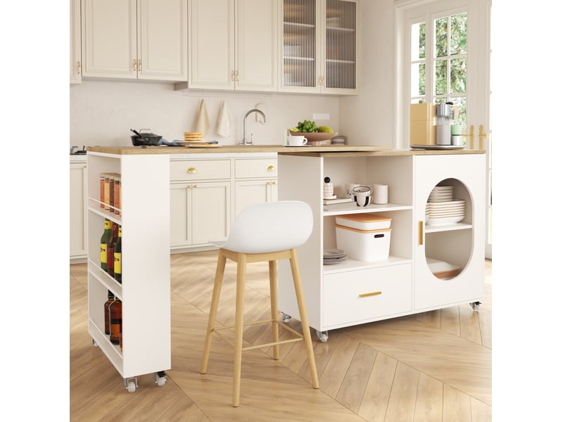  Desserte de cuisine à plateau pivotant à 360 degrés avec 1 tiroir, porte, étagères et roulettes freinées pour cuisine  - Conforama C
