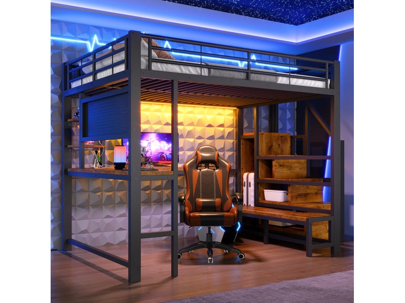 Lit mezzanine 140 × 200 cm avec bureau, étagères, escalier de rangement, led et prises usb-c pour chambre, noir  - Conforama B