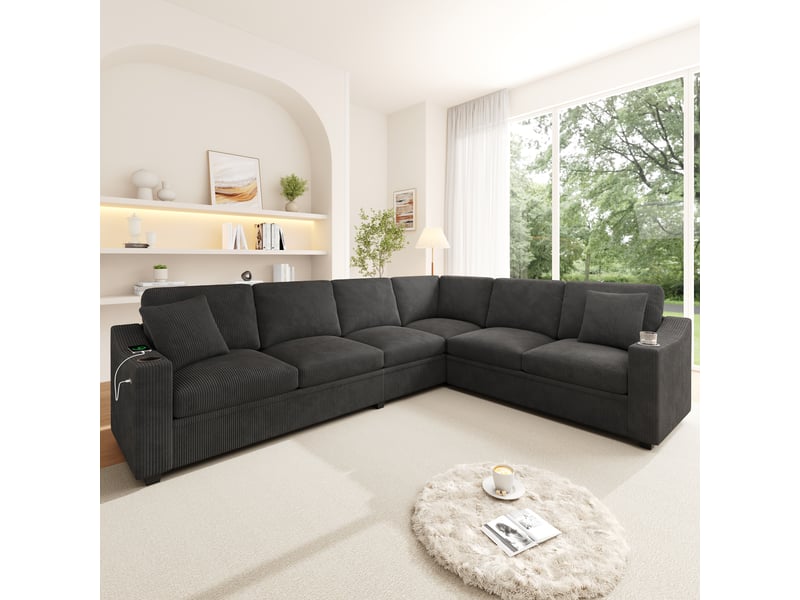 Canapé d'angle en l – 6 places – avec ports de charge rapide usbtype-c – inclut 2 porte-gobelets et 2 coussins – gris - Conforama D