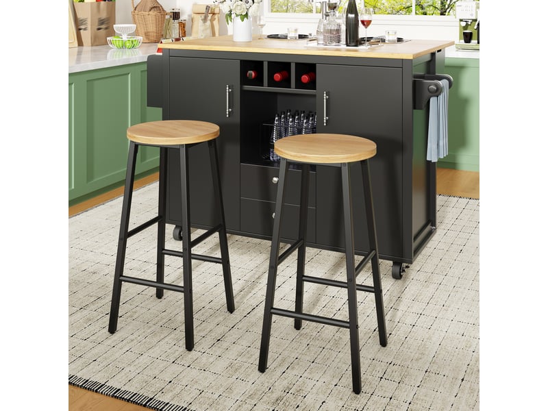  Ensemble table et chaises de bar avec îlot et 2 tabourets  - plateau rabattable, roulettes - mdf et métal - noir  - Conforama C