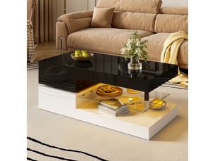 Table basse rectangulaire 90x45x35,5 cm avec led et étagère en verre, design noir et blanc contrasté, aggloméré