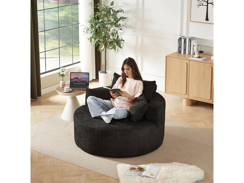 Fauteuil une place en chenille noire, fauteuil lounge moelleux avec coussins, 127 x 127 x 82 cm, sans montage pour salon ou chambre - Conforama E