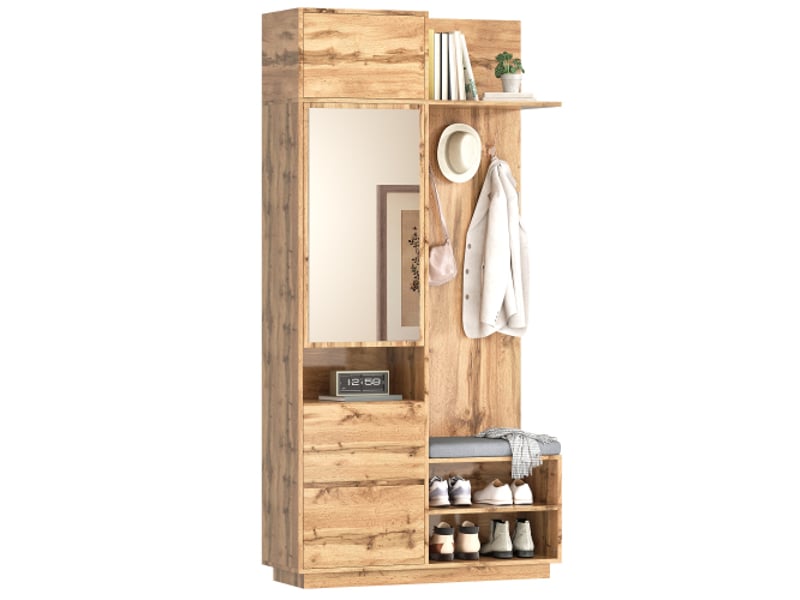  Garde-robe compacte avec miroir et banc – meuble d'entrée 3 en 1, porte-chaussures et crochets – ensemble de couloir  - Conforama A