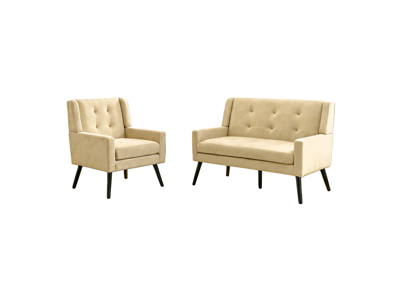  Lot 2 fauteuils beige 1+2 places, mousse haute densité, tissu doux et durable, pieds bois massif avec patins, salon et bureau  - Conforama A