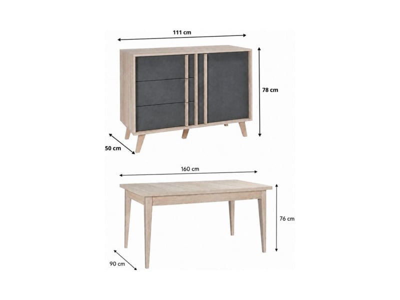  Salle à manger complète malmo avec table 6 places 160cm et buffet haut – chêne clair et gris  - Conforama C