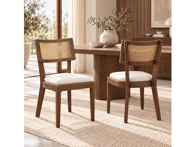  Lot de 4 chaises de salle à manger à dossier en rotin, bois et lin, noyer et beige  - Conforama C