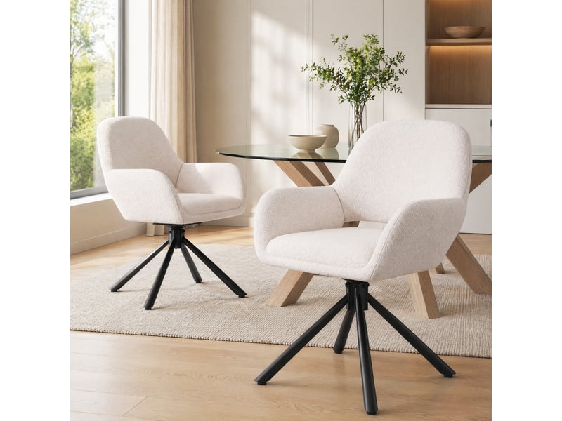  Lot de 2 chaises de salle à manger pivotantes avec accoudoirs en tissu sherpa blanc  - Conforama D