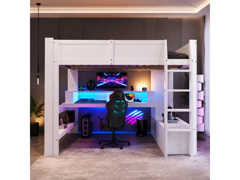  Lit mezzanine 140x200 cm avec bureau, étagères, tiroir et led 16 couleurs blanc  - Conforama B