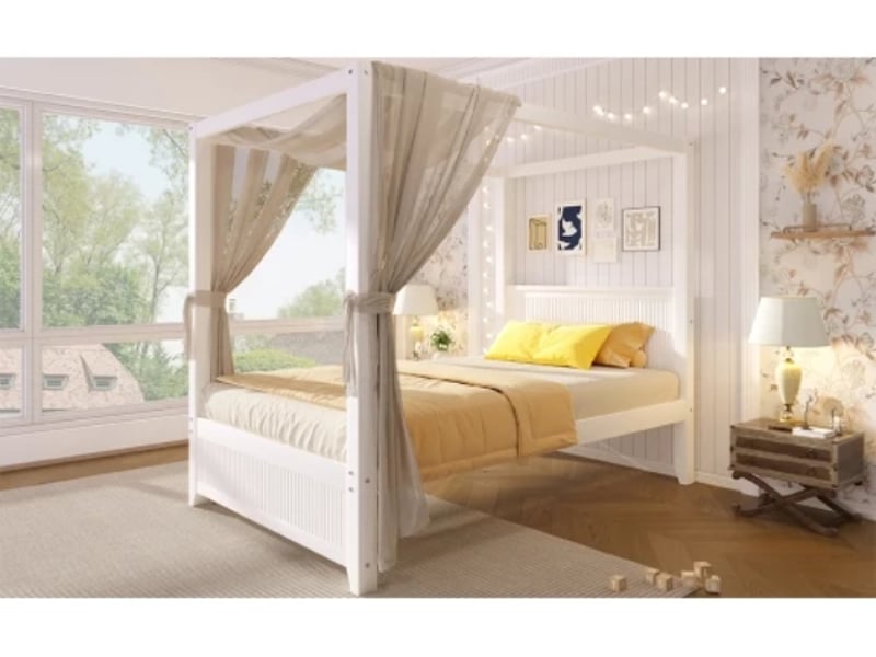  Lit à baldaquin 90 × 200 cm, pin et mdf, toit décoratif, tête et pied à lattes, sommier, cadre ouvert, blanc  - Conforama B