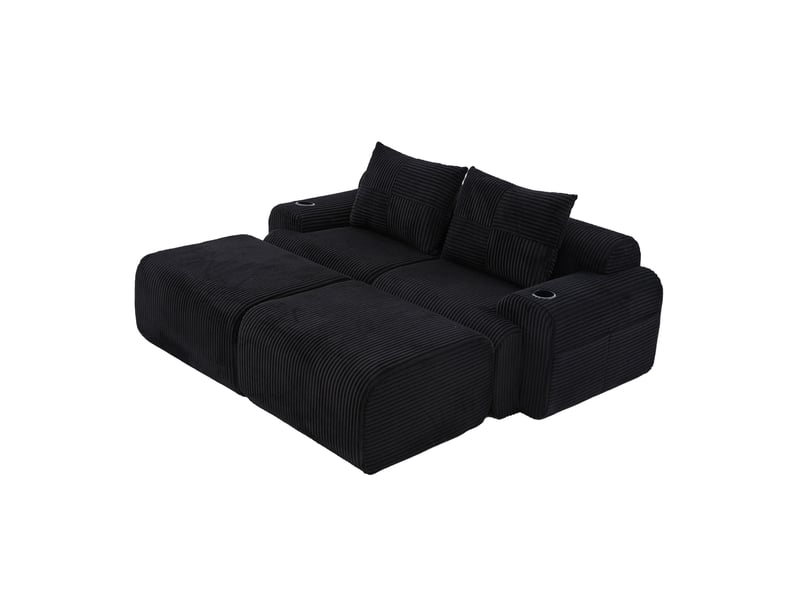  Canapé modulaire 2 places 200x174x80 cm en l possible, porte-gobelet intégré, poche latérale, velours côtelé noir  - Conforama A