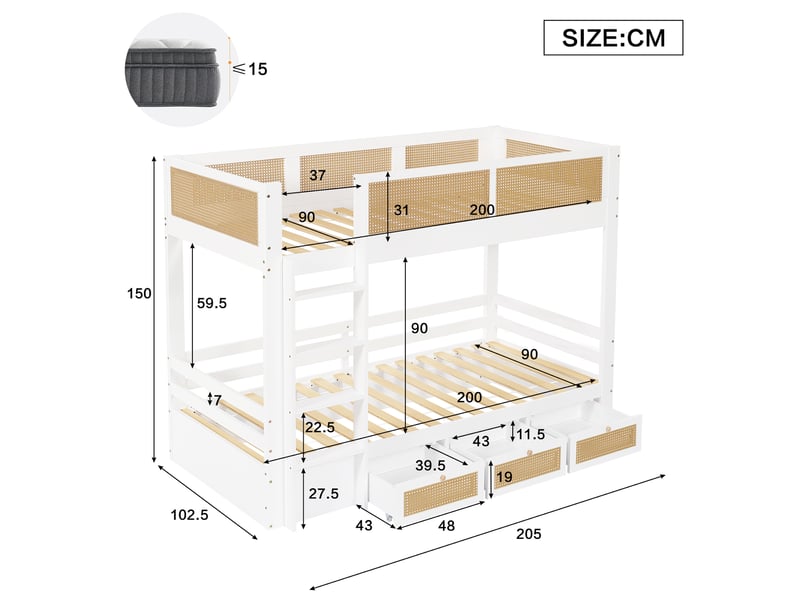  Modenvie lit superposé enfant 90x200 cm - avec 3 tiroirs, barrières de sécurité, sans matelas - blanc et naturel  - Conforama C