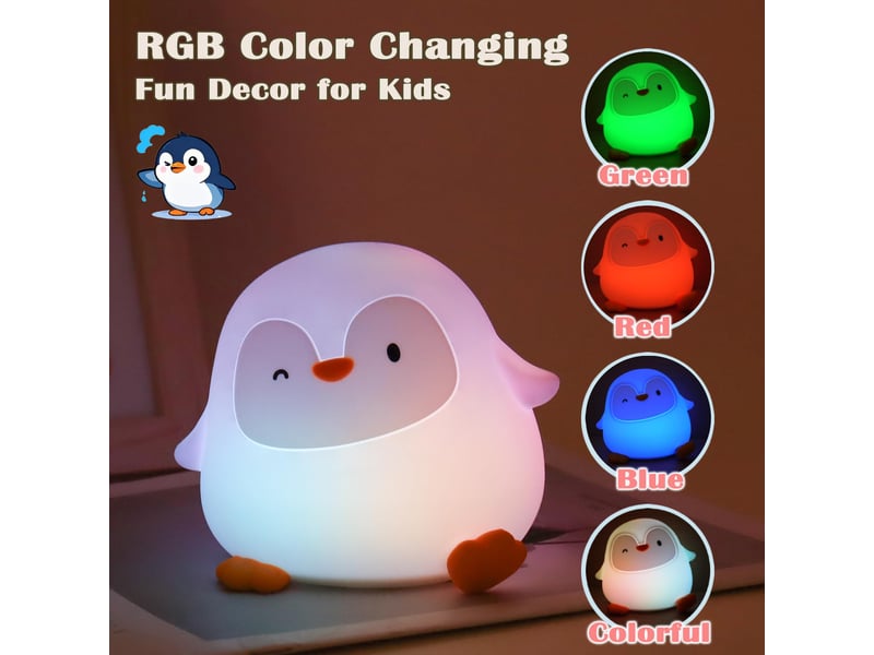 Veilleuse pingouin en silicone pour enfants, rechargeable, 50 h d’autonomie, commande tactile, minuterie - Conforama B