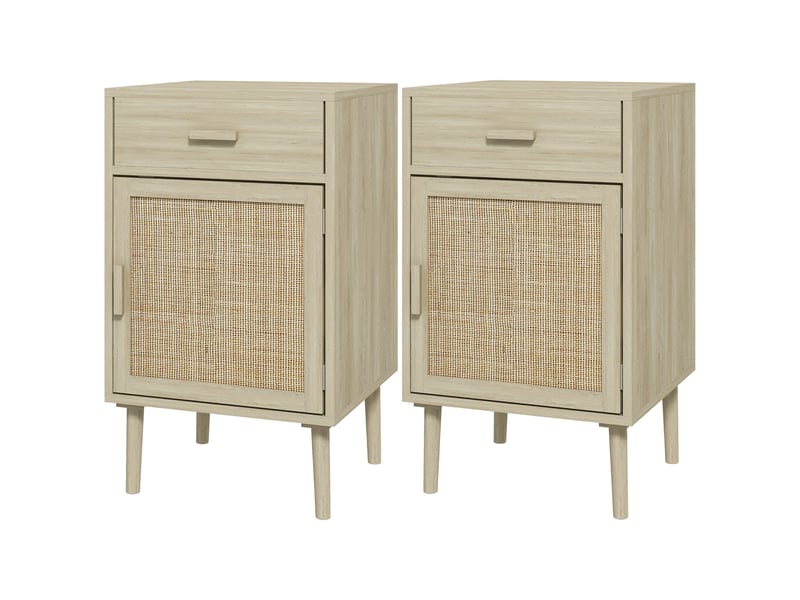 Ensemble de 2 tables de chevet en chêne avec tiroir en rotin et étagère réglable 40 x 40 x 68,5 cm - Conforama B
