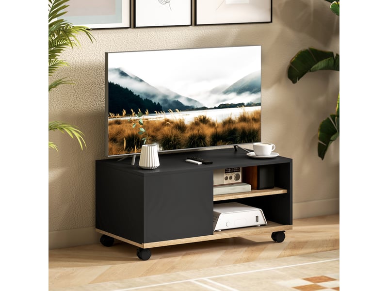  Meuble tv sur roulettes avec 2 freins - en bois noir chêne clair - 2 niches + placard porte 2 passe-fil  - Conforama D