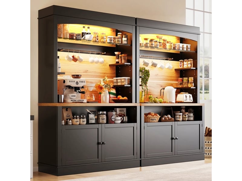  Buffet de cuisine haut noir 107x43x184 cm avec led et étagère ouverte  - Conforama B