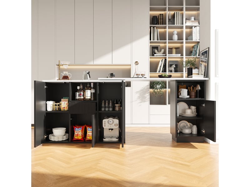  Table de bar pivotante à 360° avec plateau texture marbre, design moderne et épuré noir, îlot de cuisine modulable en l, 210x30x100.9 cm  - Conforama R