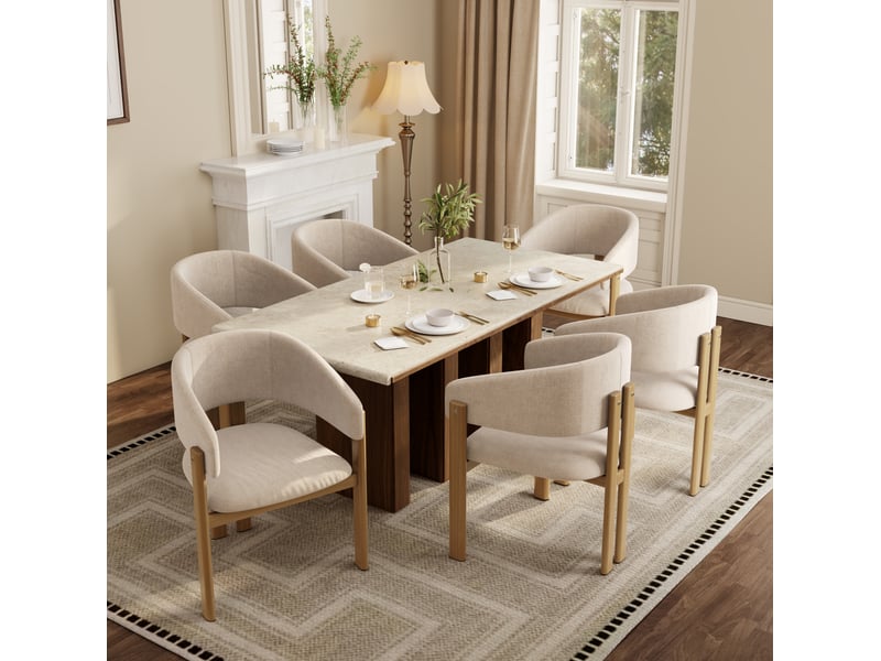  Lot de 4 chaises de salle à manger avec accoudoirs et dossier rembourré en lin beige et métal aspect bois  - Conforama D