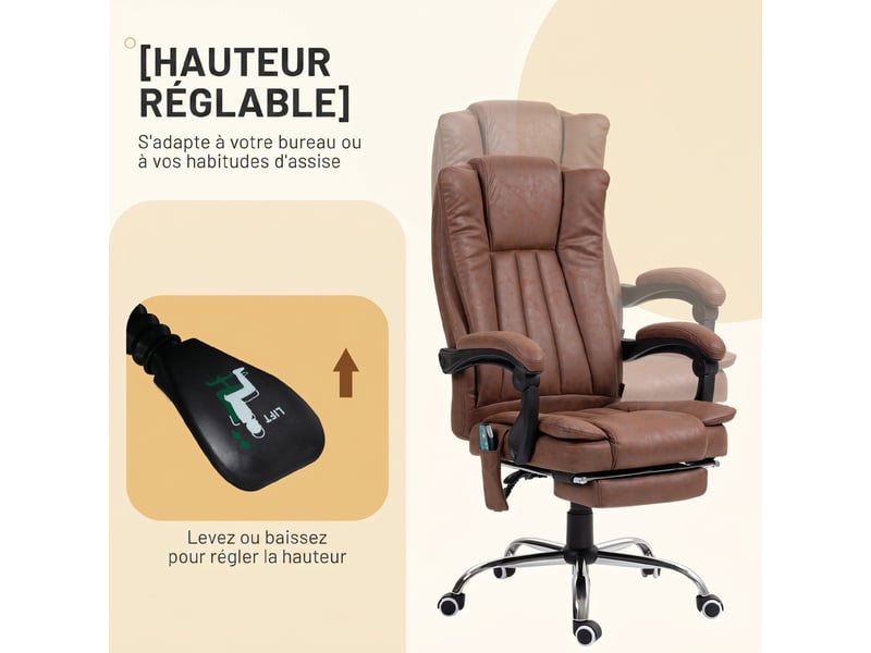  Fauteuil de bureau massant et chauffant avec hauteur réglable, dossier inclinable, marron, repose-pied et télécommande  - Conforama E