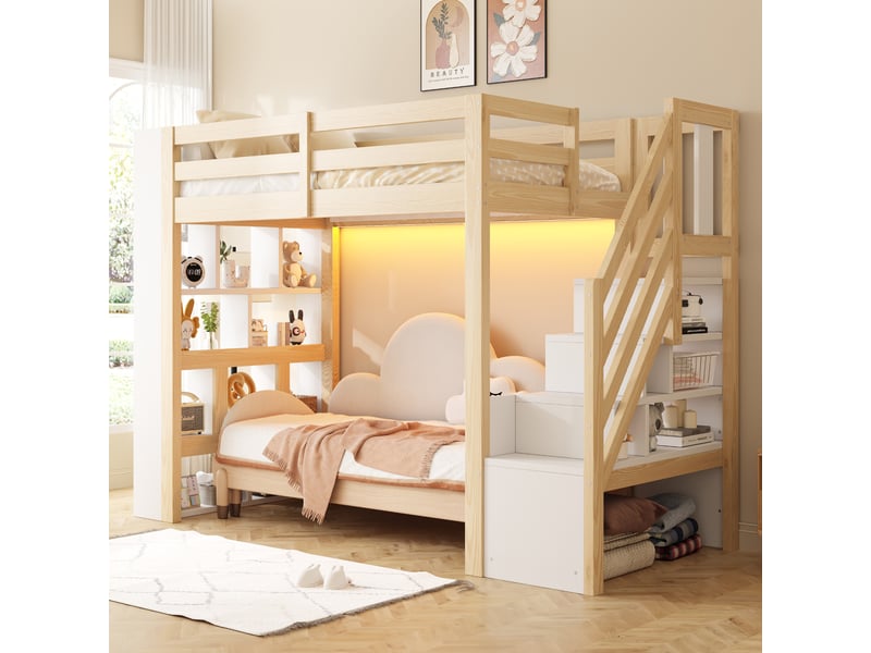 Lit mezzanine 90x200cm avec étagères, escalier de rangement, barrières de sécurité, éclairage led et sommier à lattes, bois, naturel et blanc evarich - Conforama E