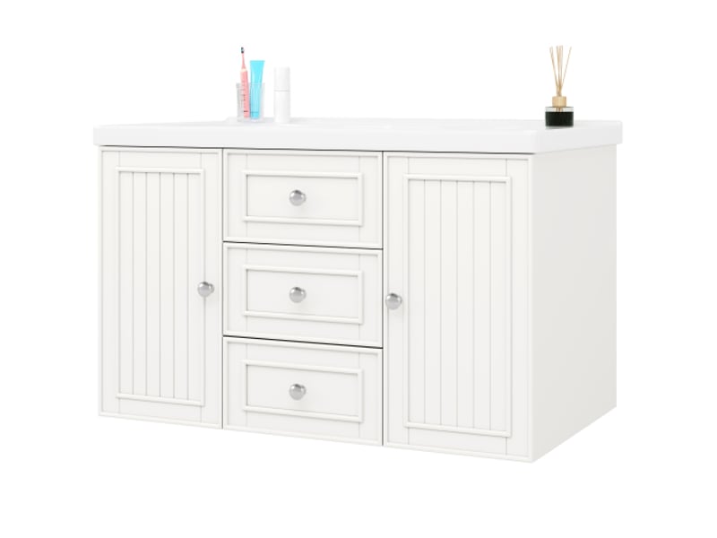 Meuble salle de bains suspendu 78,5 cm blanc avec vasque intégrée, 3 tiroirs et grand espace de rangement, style moderne - Conforama A