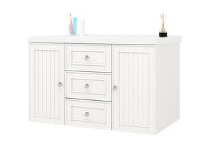 Meuble salle de bains suspendu 78,5 cm blanc avec vasque intégrée, 3 tiroirs et grand espace de rangement, style moderne