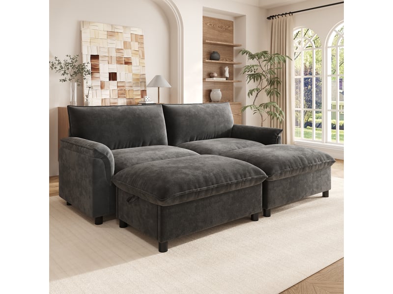 Canapé modulable 4 places, canapé d'angle gris en chenille, assise profonde avec 2 poufs de rangement pour salon & chambre, 216cm - Conforama E