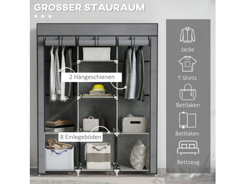  Armoire dressing tcqpz en tissu 125 x 43 x 162,5 cm gris avec 2 barres de penderie et 8 étagères  - Conforama D