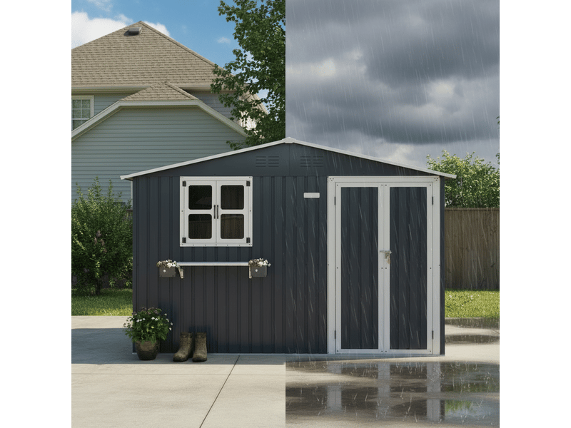  Abri de jardin métal 7m2 gris anthracite, cabanon acier galvanisé étanche avec fenêtres et portes verrouillables, 313x255cm  - Conforama D