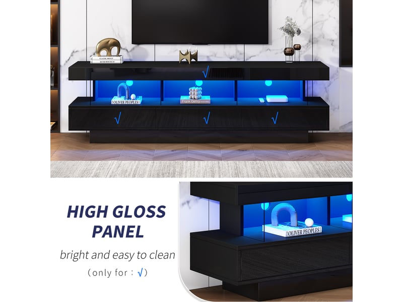  Meuble tv avec 3 étagères en verre et éclairage led par application mobile pour salon, 160×38×50,5 cm noir brillant  - Conforama E