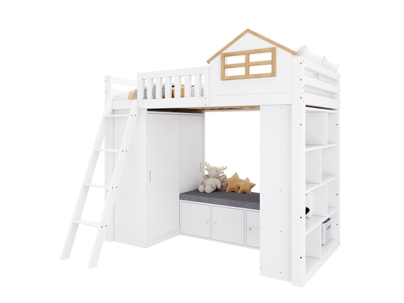  Lit mezzanine combiné modenvie 90 x 200 cm blanc et naturel avec armoire, étagères et banquette  - Conforama A