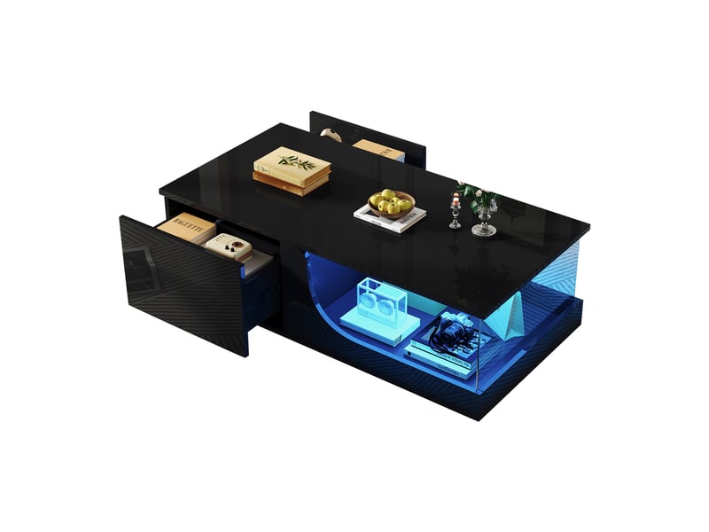  Table basse design noire - 2 tiroirs - haute brillance - verre trempé - led contrôlables - mdf 100x50x30cm - Conforama R