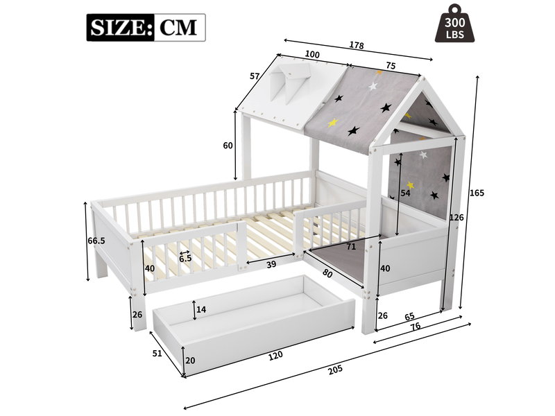  Lit cabane enfant 90x200 avec tiroirs de rangement blanc evryae  - Conforama E