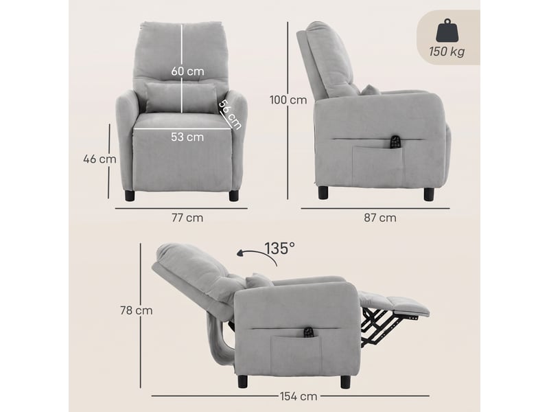  Fauteuil massant chauffant inclinable avec coussin tissu gris clair  - Conforama C