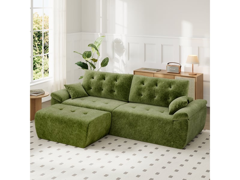  Canapé modulable en chenille vert mousse haute densité avec pouf,canapé salon 275cm style nuage confortable,compressé sans montage 275x174x66CM - Conforama B