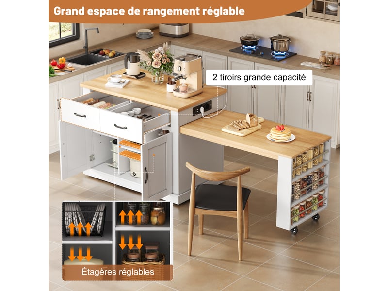  Îlot de cuisine mobile, table coulissante et prises - lpospi - 7 roulettes, rangement, mdf blanc chêne 132 × 60 × 93 cm  - Conforama E