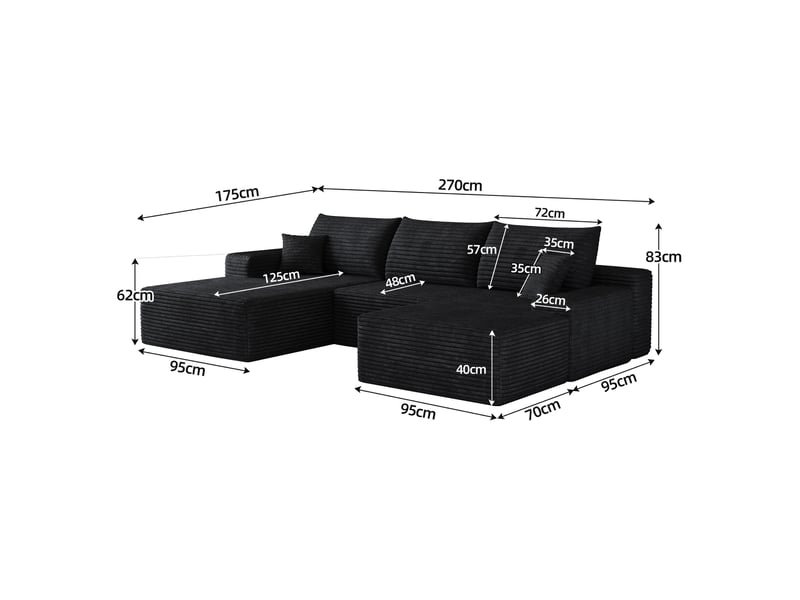  Canapé d'angle modulaire 270cm - canapé en l avec méridienne droite, velours côtelé, sans montage - noir  - Conforama D