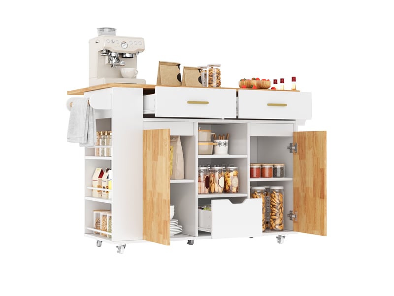  Ilot central de cuisine - 120x71x90cm - desserte avec plateau rabattable 3 tiroirs placards et roulettes - blanc et bois  - Conforama A