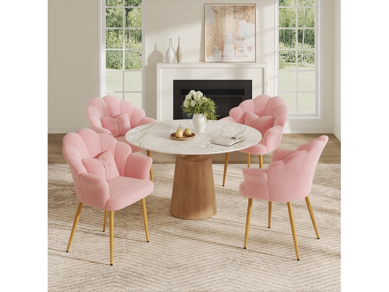  Lot de 4 fauteuils de salle à manger 64x65,5x85 cm dossier pétale rose et pieds dorés  - Conforama B