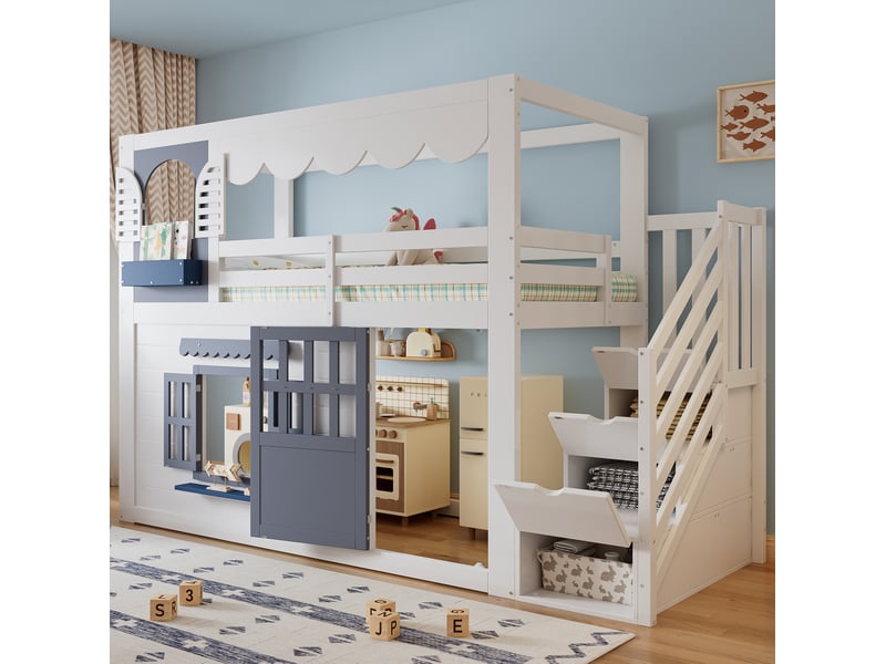  Lit mezzanine enfant modenvie 90 x 200 cm blanc et bleu avec maison, escalier de rangement, porte et fenêtres ouvrantes  - Conforama B